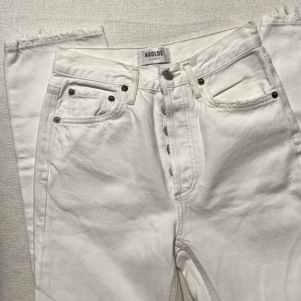 AGOLDE Riley High Rise Straight Crop Jeans Veil White‎ Distressed Womens Size 24